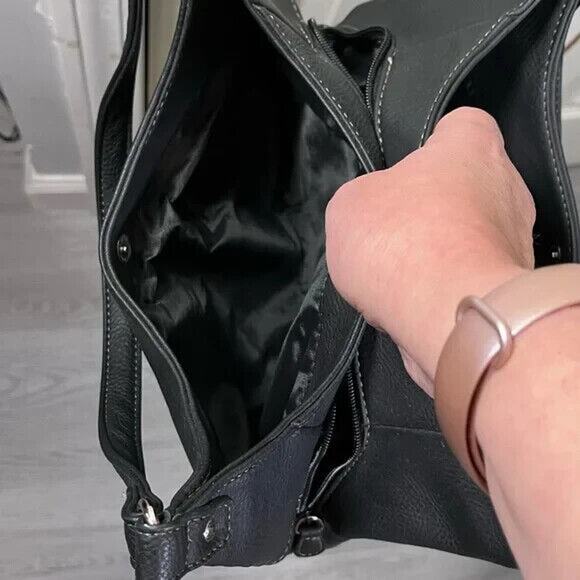 Black MultiSac Shoulder Bag Faux Leather Older Purse 3 Pockets 13" x 18 From Top - Picture 2 of 5